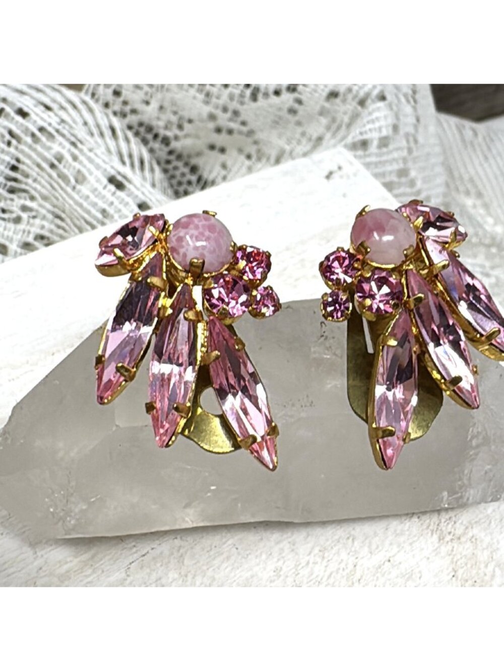 Vintage Pink Rhinestone & Glass Clip-On Earrings Gold-Tone Unsigned